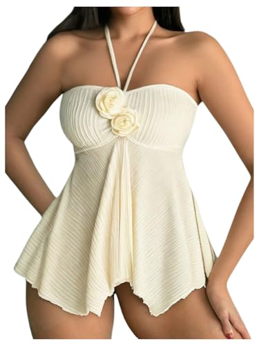 MakeMeChic Women's 3D Flower Tankini Swimsuits Set Textured Halter Ruffle Hem 2 Piece Bathing Suits