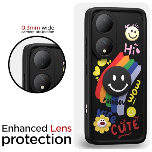 Image of Pikkme Back Cover for Vivo Y100 5G | Soft Silicone| Cute Rainbow Smile & 3D Cartoon Flower Design | Shockproof Raised Camera Protection Bumper Case (Black)