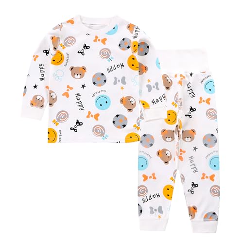 100% Cotone Pigiama Set a Maniche Lunghe per Bambini e Ragazzi Ragazze（Smiley Bear，1-2 Anni）