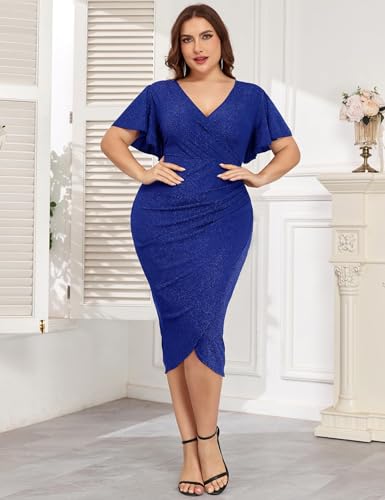 Image of ZOMVA Plus Size 0X-4X Sparkly Glitter Ruched Bodycon Midi Dress Sparkle Sequin Wrap Ruffle Sleeve Dress Cocktail Party Formal
