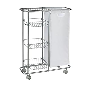 WENKO Sammelwagen Slim, 3 Etagen, extra schmaler Rollwagen mit vier leichtgängigen Rollen, inkl. abtrennbarem Sack für PET-Flaschen oder Wäsche, 28 L, pulverbeschichtetes Metall, 58 x 80 x 20 cm