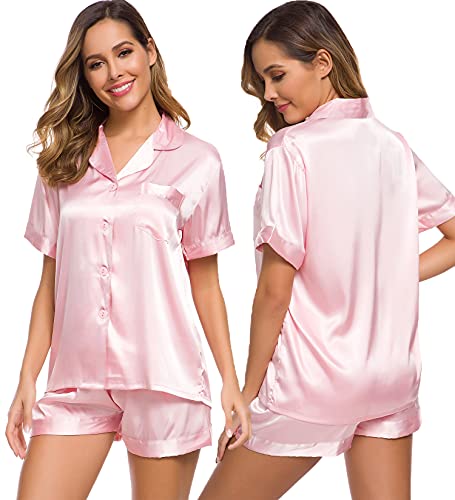 Image of SWOMOG Womens Silk Satin Pajamas Set Short Sleeve Sleepwear Button Down Top and Shorts Loungewear 2 Piece Pjs Set XS-3XL