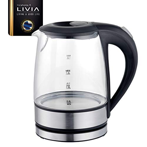 LIVIA Glas Wasserkocher 1.2 Liter, Wasserkoch mit Auto-off, Schwarz und Edelstahl Material, 1500W – Bild 3