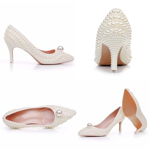 Women's Leather Pearl Stiletto Pumps Fashion Closed Pointed Toe Slip-on High Heel High Dress Shoes for Wedding Party3