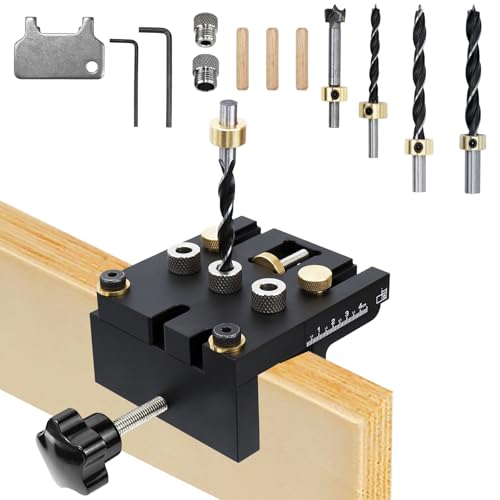 Gabarit de Perçage 3 en 1 Auto-Centrant, Guide de Perçage 6/8/10/15 mm en Aluminium CNC, Kit de Localisation pour Tourillons et Assemblage de Meubles, Outil...