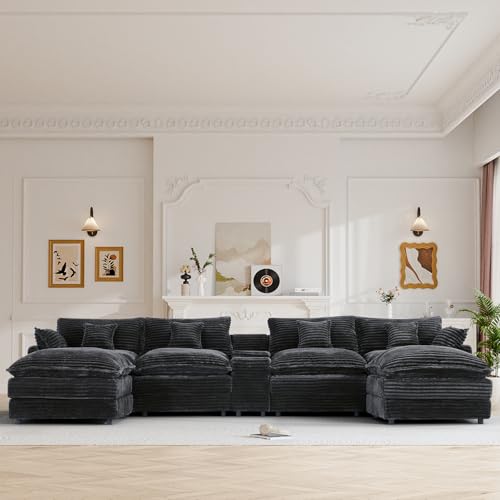 Image of 145 inch Oversized U Shaped Modular Sectional Sofa with Ottoman, Comfy Fluffy Soft Corduroy, Large Cloud Couch with USB Port, Cup Holder and Storage Central Console for Living Room, Deep Grey