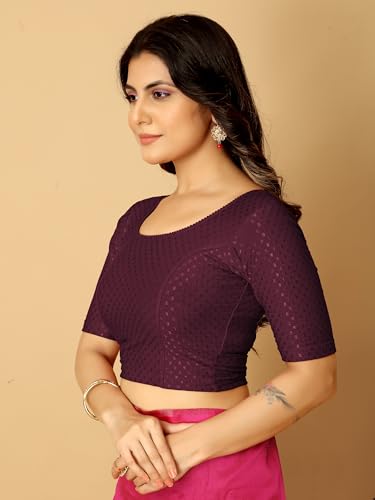 Image of Amazon Brand - Anarva Round Neck Dobby Cotton Lycra Stretchable Elbow Half Sleeve Readymade Saree Blouse for Women Stylish