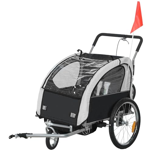 Amazon.co.uk HOMCOM 2 Seat Bike Trailer for Kids, Baby Bike Stroller with 5 Point Harness, Child Bicycle Trailer with Safety Flag, Reflectors, Windproof Curtain, for 18+ Months, Black #ad #ad