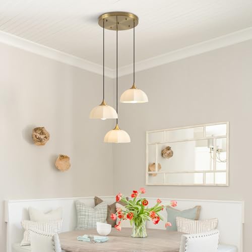 Image of 3 Lihgt Minimalist Style Ceiling Hanging Lamp 7.8 inch White Dome Glass Lampshade Brass Finish Ceiling Light Nordic Retro Pendant Light for Kitchen Island Bedroom Bedside