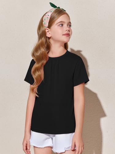 Image of Haloumoning Girls Short Sleeve T Shirts Kids Summer Pleated Tops Casual Crewneck Tees 5-14 Years