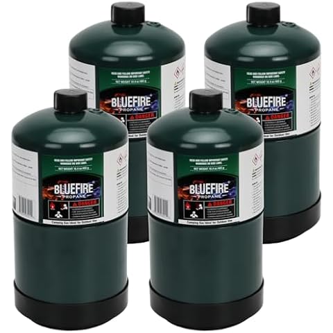 KOMAN BLUEFIRE 1lb Propane Tank Camping Propane Tank Pack of 4 Portable Canister Propane Gas Tank Small Propane Tanks for Camping Stove Outdoor Backpack Mini Burner Heater Cooking Torch Lamp Cover