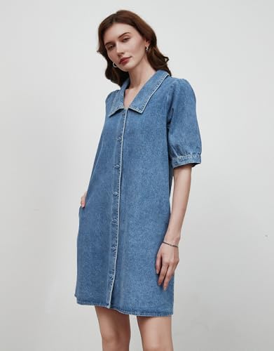 Kedera Women Summer Button Down Puff Short Sleeve Denim Sailor Dress 2025 Trendy Casual Collared Neck Mini Dresses4