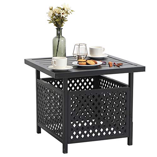 PHI VILLA Patio Umbrella Side End Table Stand with Hole Small Square Black Metal Bistro Table for Outdoor Garden Pool 22