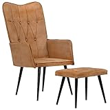  vidaXL Sillón Orejero con Reposapiés Sofá Asiento Acolchado Butaca Silla de Ocio Salón Sala de Estar Dormitorio Cuero Auténtico Marrón Canela