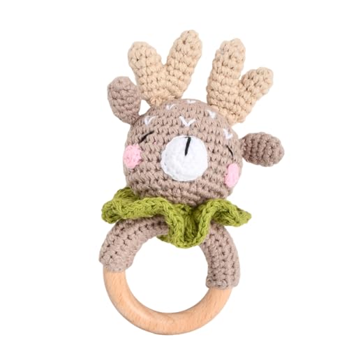 Sonajero para Bebé, Juguete Sonajero de Ganchillo con Anillo de Madera, Sonajero Bebe Recien Nacido Anillos de Agarre, Baby Rattle Ring Toys para Niña y Niño (Alce)