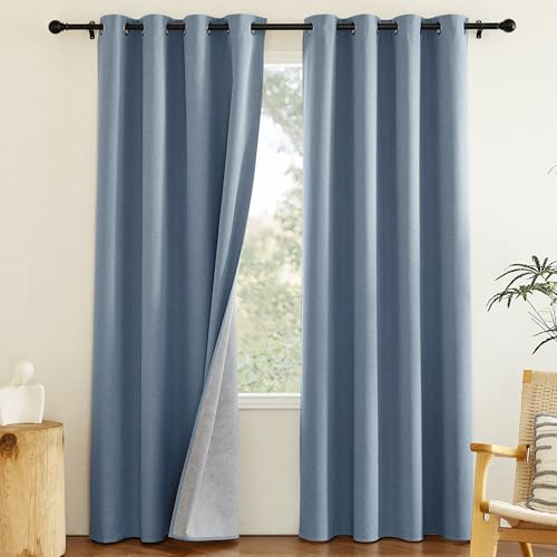 Image of NICETOWN Stone Blue Full Shade Faux Linen Curtain Panels 84 inch Long, Pair of Energy Smart & Noise Blocking Out Blackout Drapes for Guest Room Window, Thermal Insulated Lined Window Dressing (52 inch)