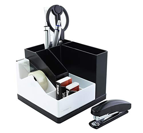 EXERZ Desk Organiser/Pen Holder/Desk Tidy/Swivel Rotating 360° with Stationery including: Adhesive Tape with dispenser, Scissors, Stapler, Staples, Pens, Ruler, Eraser (EX118 White/Black)