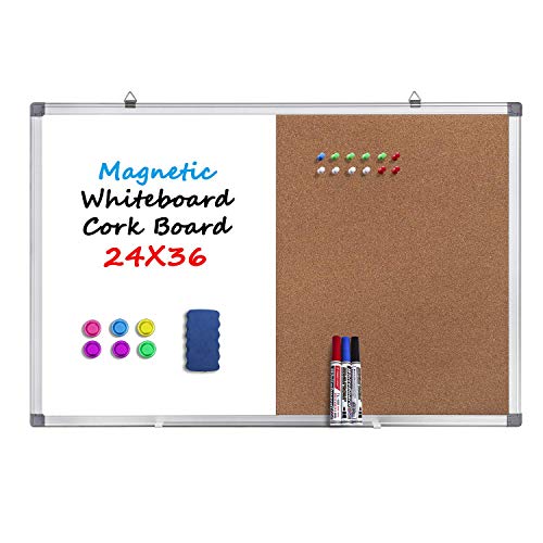 Dry Erase Board and Cork Board Combo, Magnetic White Board Combination Bulletin Board for Office Wall, 36 x 24 Inches Push Pin Whiteboard Vision Board for Home Office with 3 Marker 1 Erase 6 Magnet