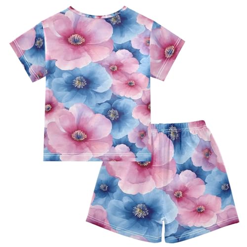 ALAZA Blue Painting Blossom Pajamas Set Short Sleeve Cotton Sleepwear Summer Pjs 2 Piece 5-14Y2