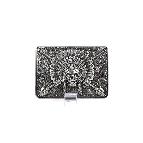 ARIAT Silver Rectangle Buckle with Indian Chief Skull, Headdress, and
