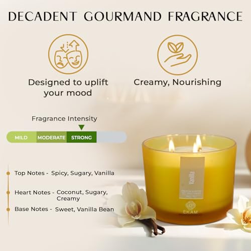 Image of EKAM 3 Wick Soy Wax Scented Candle | Vanilla Fragrance | 35 Hr Burn | Long Lasting Premium Jar Candle for Home Decor, Relaxation & Gifting
