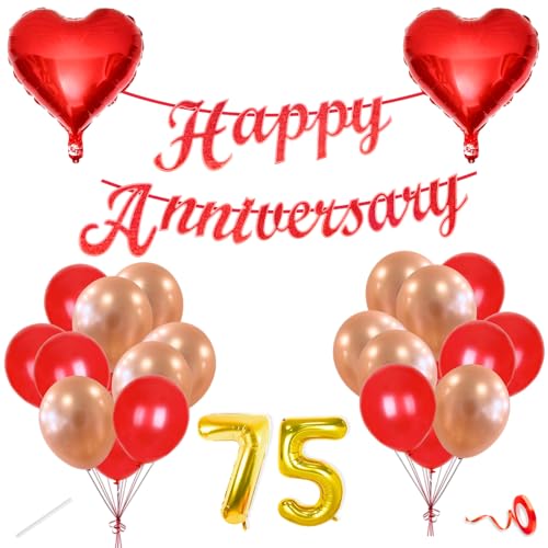 Image of Flyloons 75th Happy Anniversary Decoration Items Red Rose Gold for Women Husband Wife Mom Dad Couple Bedroom Car With 20 Pcs Metallic Balloons Anniversary Banner 2 Pcs Heart Set Kit Diamond Jubilee