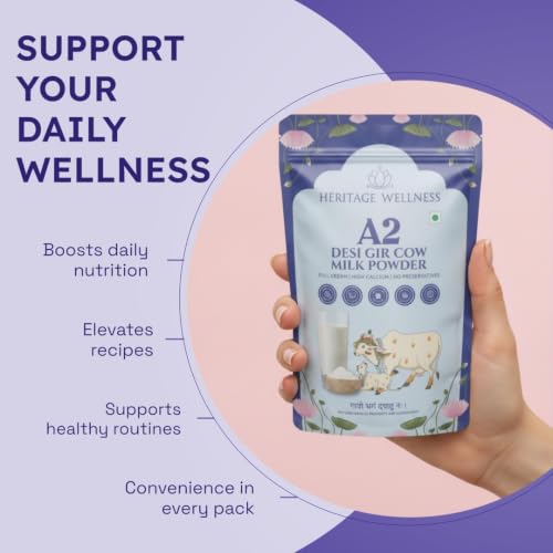 Image of Heritage Wellness A2 Gir Cow Milk Powder 450gm Pack - Premium A2 Gir Cow Milk Powder for Whole Milk Experience - Rich Full Cream - Ideal for Beverages - Nutrient-Rich and Delicious