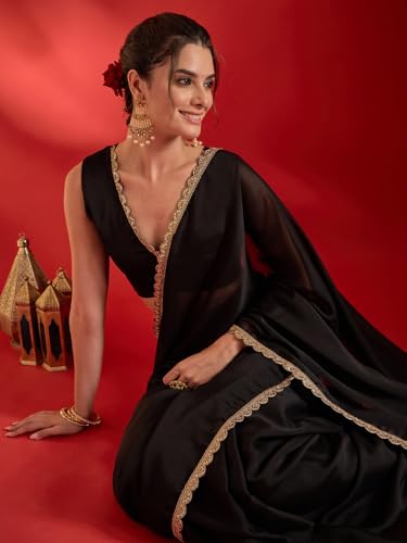Image of AKHILAM Women's Shimmer Pure Georgette Embroidered Ready To Wear one Minute Saree With Unstitched Blouse Piece