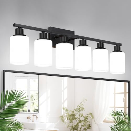 Image of Indoi 6-Light Bathroom Light Fixtures, Matte Black Modern Vanity Lights with Milky White Shades, Bathroom Wall Lamp for Mirror Living Room Cabinet Bedroom Porch