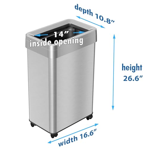 Image of iTouchless 16 Gallon Open Top Kitchen Trash Can Recycling Bin with Wheels and Double Odor Filters Rectangular Commercial Stainless Steel 60 Liter Trashcan Home Office Work Bedroom Livingroom Garage