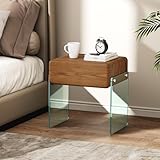 VICITON Nightstand with Drawer, Bedside Side Table, Transparent Glass Legs, Faux Leather Surface, Solid Wood Drawer, for Bedroom (Walnut Black, 15.7' x 11.8' x 17.7')