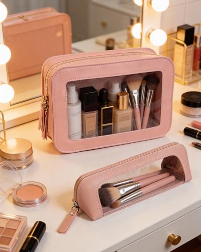 Image of LETGO 2Pack Clear Makeup Bags Set, Clear Pencil Case Pouch,Portable Leather Travel Toiletry Bag Pink Car Accessories for Women
