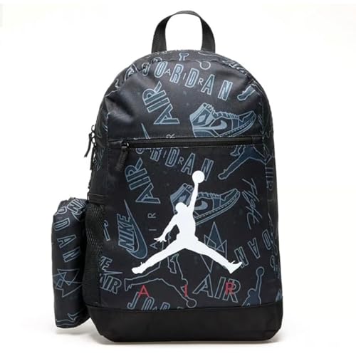 Jordan Mochila preta com fundo de estampa de logotipo, fecho de zíper, bolso frontal e estojo incluídos | Mochila unissex de volta às aulas