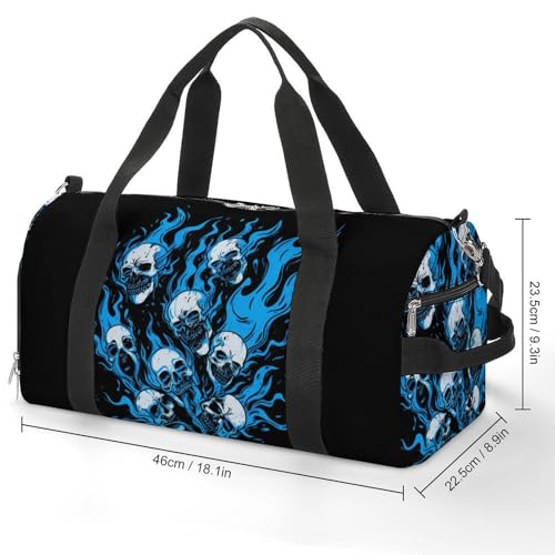 Blue Flames Skulls Funny Gym Bag Travel Tote Bag Duffel Bag with Shoe Compartment for Weekender Sports Vacation3