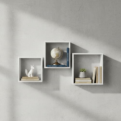 INDE MOBLEKIT | Set 3 Estanterías Flotantes Cuadradas Blancas 30x27x24 cm, Baldas Flotantes Pared sin Agujeros de Madera, Estantería Blanca Moderna, Repisas Decorativas para Estanteria Pared
