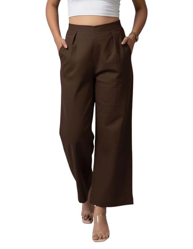 Image of Moirai Pure Cotton Wide Leg Women Trouser Stylish Mid Rise Relaxed Straight Fit Loose Pants Casual Travel Office Formal Wear