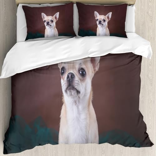 NIOYNJIS Bettwäsche Set 100% Baumwolle ist,Chihuahua Tiere Hunde freundlich Welpe klein Wildtiere Hund süßes Tier,und allem auch für Personen mit Hautsensibilisierung empfohlen 228x264cm