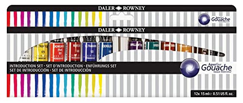 Daler Rowney Aquafine Gouache Paint Introductory Set of 12 Colours x 15ml Tubes, Ideal for Beginner Artists & Students, Water-Based Paint for Canvas and Paper, Opaque Watercolours