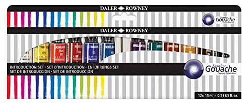 Daler Rowney Aquafine Gouachefarbe Einführungsset mit 12 Farben x 15 ml Tuben, ideal für Anfänger Künstler, Farbe auf Wasserbasis für Leinwand und Papier, Deckende Aquarellfarben