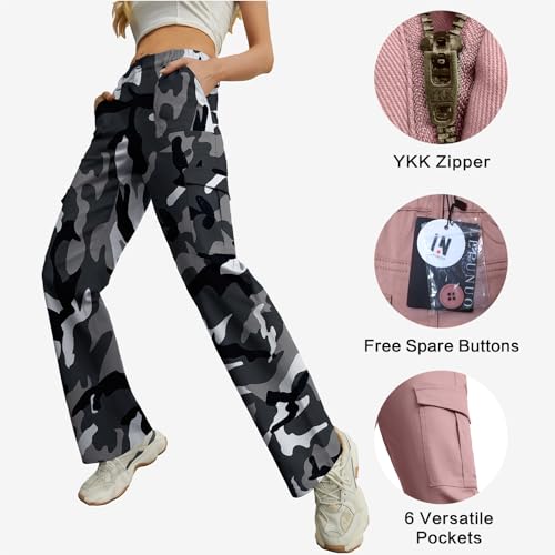 Image of Lepunuo Cargo Pants for Women High Waisted Casual Pants Baggy Stretchy Wide Leg Y2K Streetwear with 6 Pockets