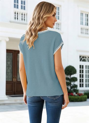 Image of SAUKOLE Women's Sweater Vest Casual V Neck Cap Sleeve Knit Pullover Tops | 2026 Spring Clothes, Soft Knit Shirts, Short Sleeves T-shirts, Tunic Blouses, Sweater Tank Tops