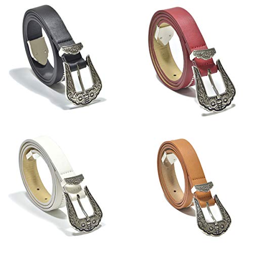 Women's Faux Leather Vintage Carved Pin Buckle for Waist Belt jeans (#1 White)2