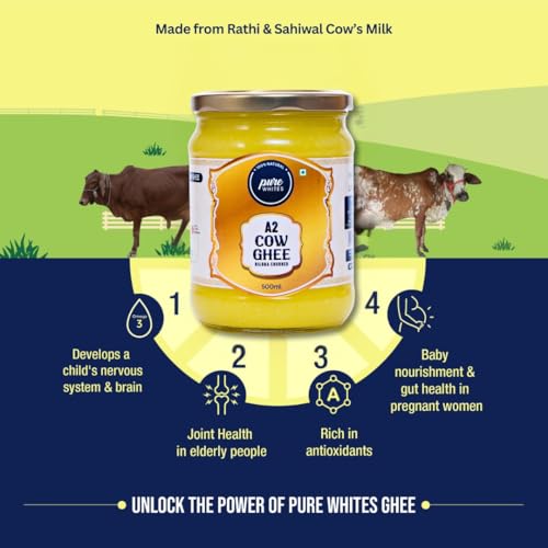 Image of Pure Whites A2 Cow Ghee 500 ml | Traditional Bilona Method | Homemade Organic Fresh Ghee Cow Milk | Danedar Texture & Rich Aroma | Lactose Free, Pure, Natural & Healthy | Rich in Omega 3 and 6
