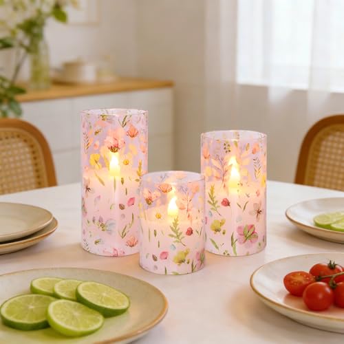 Image of Crystal Club Flameless LED Candles with Remote Timer, Pink Floral Glass Battery Operated Candles, 3 Pack Realistic Flickering Pillar Candles for Wedding Home Centerpiece Decoration
