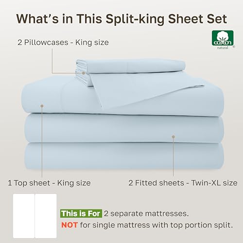 Image of California Design Den Luxury Sheets Set for Split King Adjustable Bed, Soft 100% Cotton, 500 Thread Count Sateen Sheets for Bed, Snug Fit, Includes Twin-XL Fitted Sheets - Blue (Grey Tone)