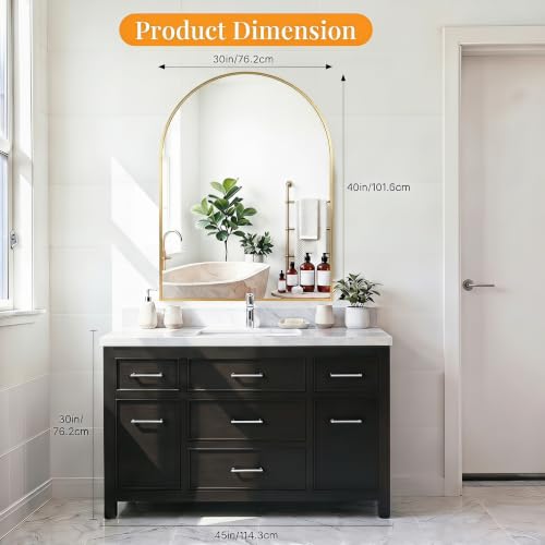 Image of Sweetcrispy 30 inchx40 inch Arched Gold Bathroom Mirror, Bathroom Mirrors for Over Sink, Modern Wall Mirrors Arch Decorative for Entryway, Bedroom, Vanity,Horizontal or Vertical Hanging
