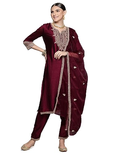 Image of INDO ERA Womens Silk Blend Embroidered Straight Kurta Pant Dupatta Set (KH9WN7266)