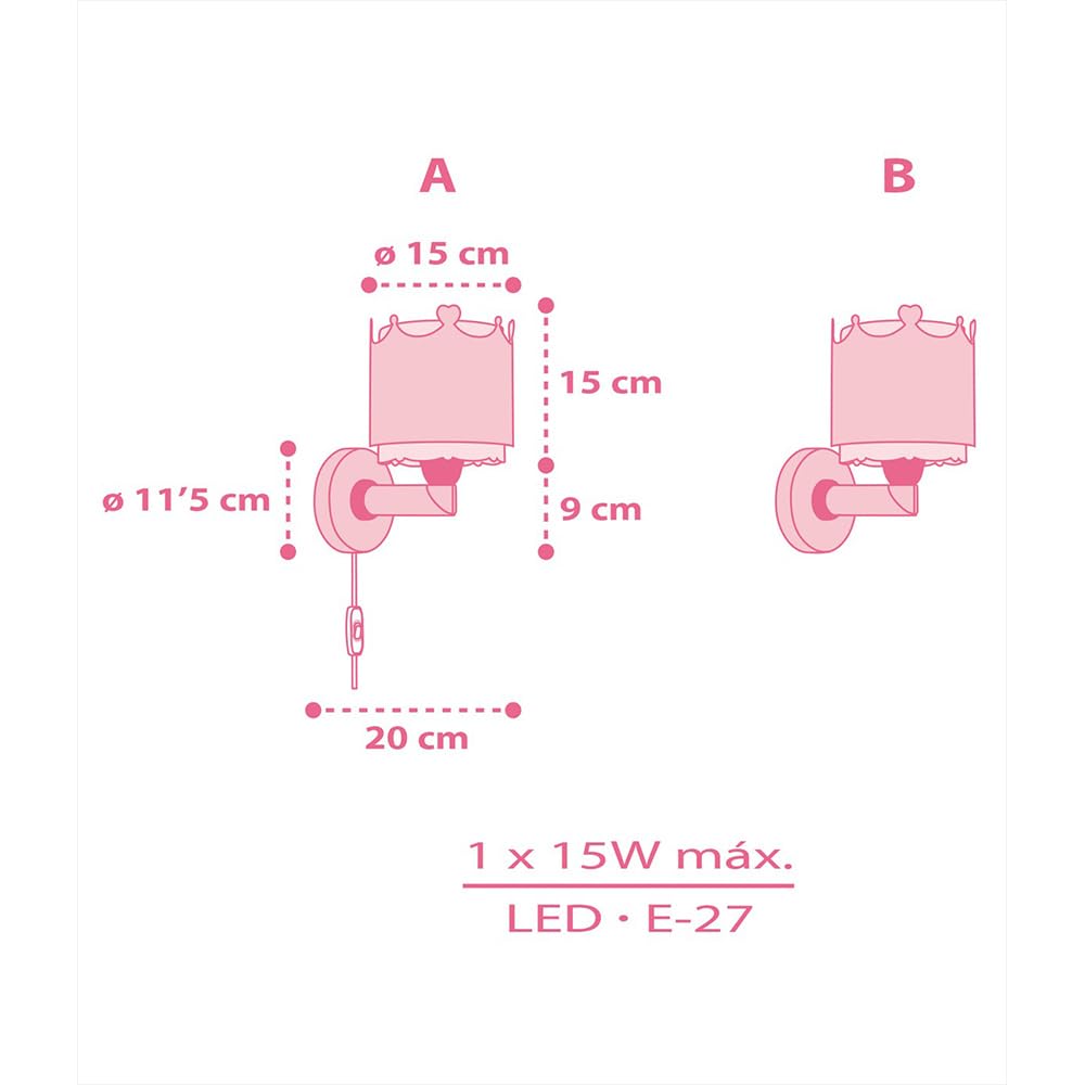 Dalber Lámpara Aplique Pared Infantil Corona Princesa Rosa 61109 | Lámpara aplique de pared con instalación directa a la corriente o mediante cable con interruptor incluido. Little Queen