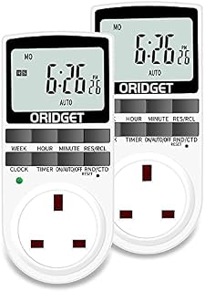 ORIDGET Digital Electrical Timer Plug Socket with 18 On-Off Programs, Countdown and Security Random Mode for Lights and Home Appliances, 24 Hour Weekly Programmable (13A / 240V) 2pack