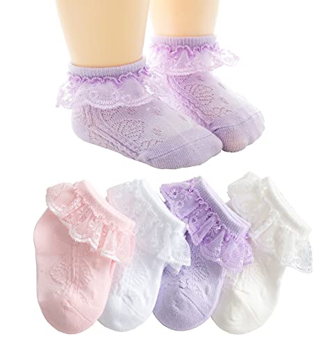 CHUNG Toddler Girls Princess Cotton Crew Socks Pack of 6 Bowknot Lace Ruffles, 4 pk 4 color, 1-3Years